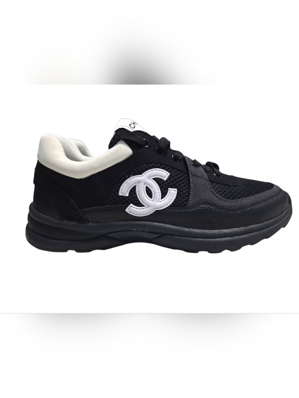 CHANEL Black and White Mesh Leather Logo Sneakers Eu 42
